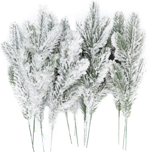 12Pcs Snowy Artificial Pine Needles - Branches Twigs 10.6" Frosted Pine Picks Greenery Stems for Crafts, Wreaths, Garlands - Holiday Decor