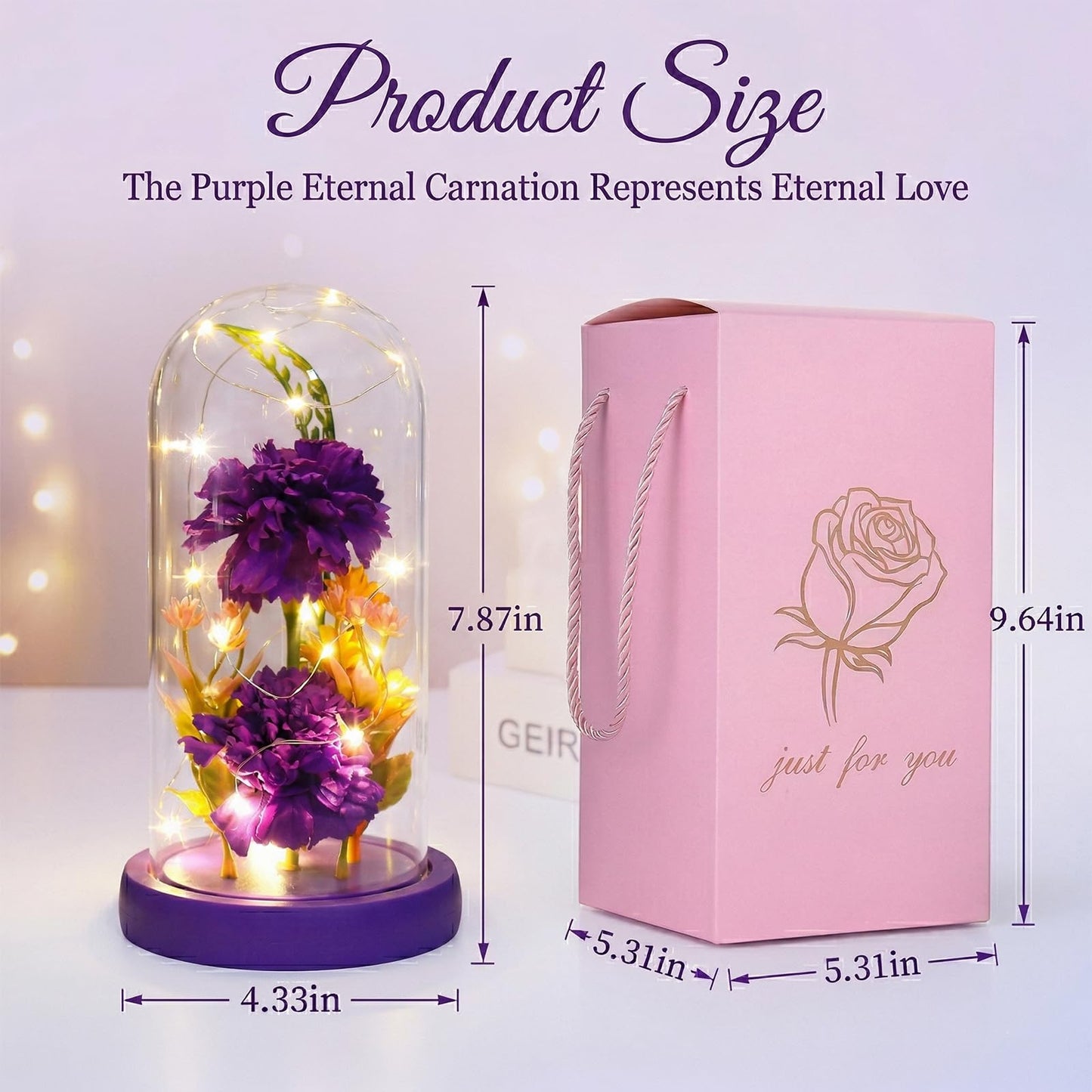 Strackvial Galaxy Glass Carnation Forever Preserved Flower with Light, Valentines Day Birthday Gift for Women, Mom, Wife, Girlfriend, Light Up Carnation in Glass Dome for Mothers Day