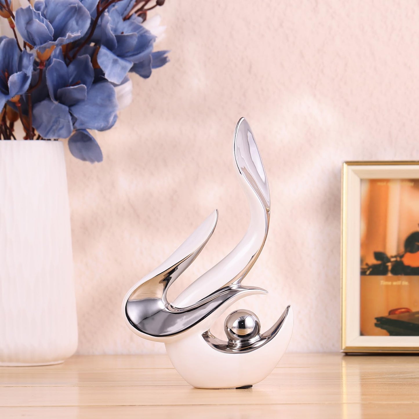 PlivBloom Silver Living Room Decor Table,Sculptures Home Decor,Modern Abstract Art,Dinner Table Centerpiece Decor,Ceramic Statue and Figurines Decorations Accent,Adorno Para Mesa Comedor(White Silver)