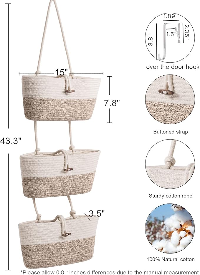 Over the Door Basket Cotton Rope Organizer, 3-Tier Wall Hanging Storage Basket