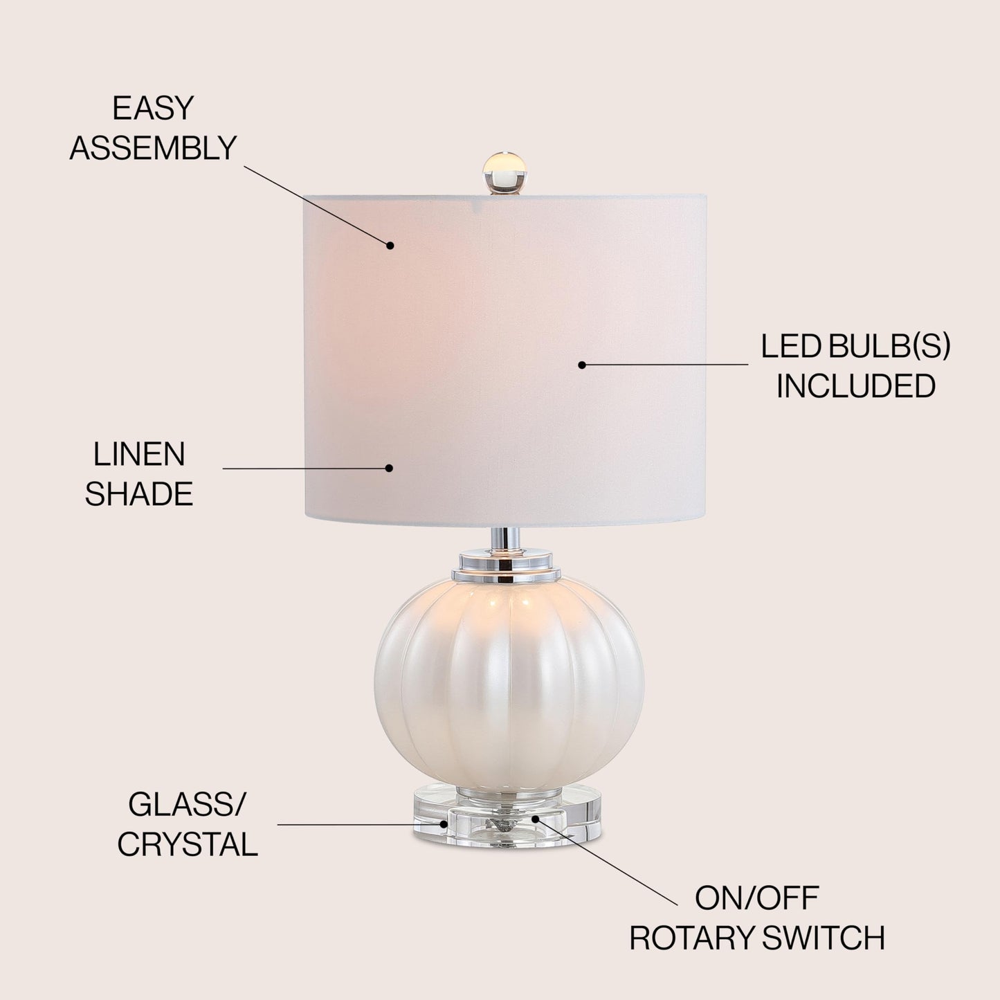 JONATHAN Y 17.5" White/Chrome Glass Table Lamp, Modern Crystal Bedside Lamp for Bedroom Living Room Nightstand, Glam Ribbed Accent Lamp, White Faux Silk Shade, LED Bulb JYL2076A