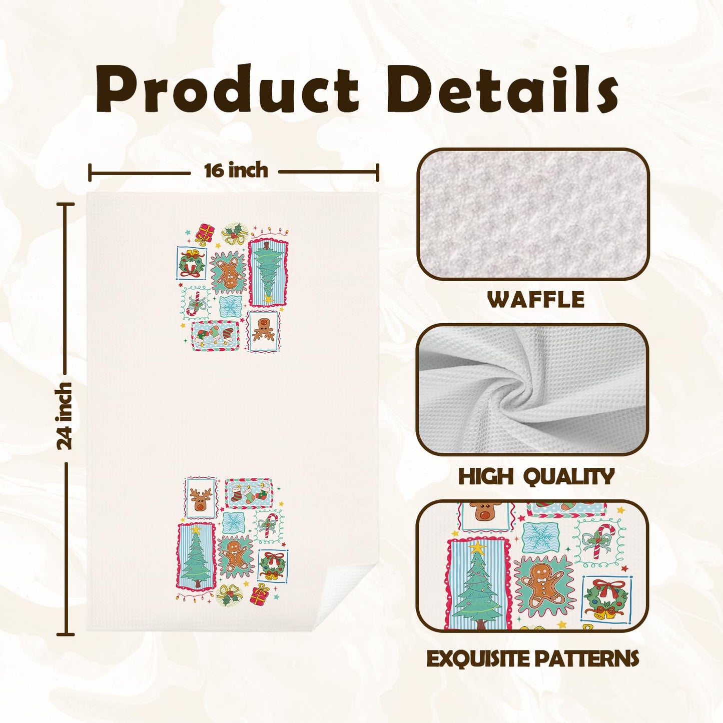KEUSPI Cute Christmas Kitchen Towels, Christmas Tree Reindeer Gingerbread Wreath Snowflake Stocking Candy Cane Decorative Hand Dish Tea Towels for Kids Bathroom Kitchen, 16x24 Inches