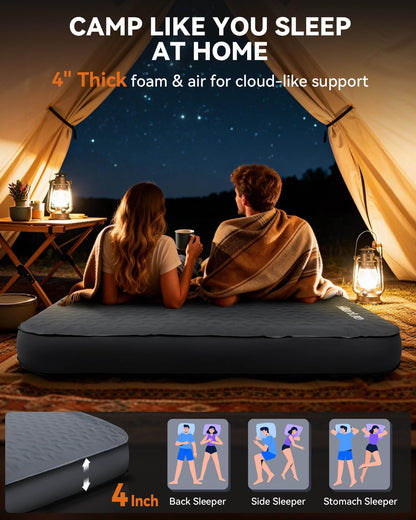 Hikenture Ultralight Inflatable Pillow with Removable Cover and 4" Thick Self Inflating Sleeping Pad with Electric Pump for 2 Person Set
