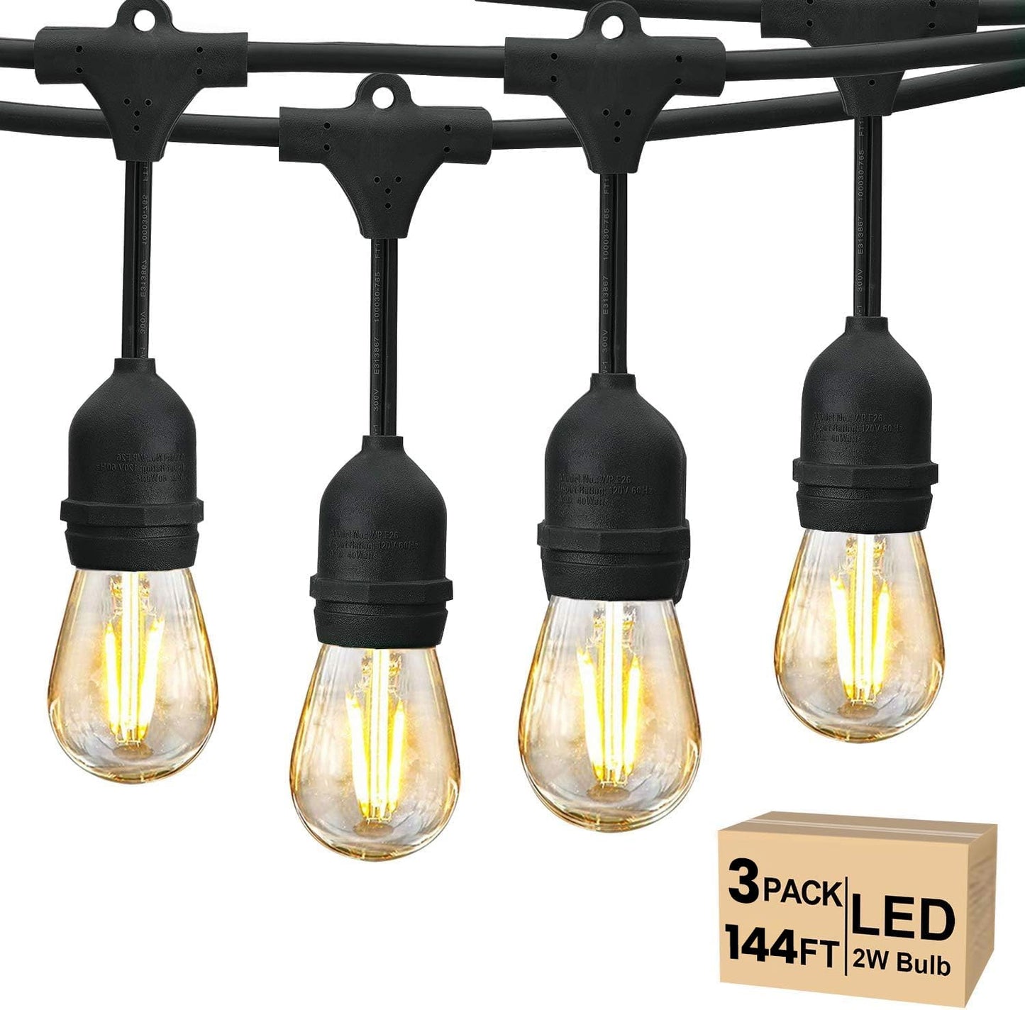 Svater 144 FT Outdoor String Lights 2W, Patio Light for Outside with 32 Antique S14 Plastic LED Bulbs with 30 Pack S14 Replacement Bulb