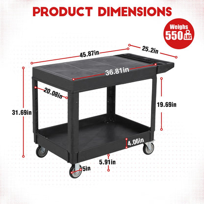 Large Heavy Duty Plastic Utility Service Cart Flat top 45.8 x 25 Inch, Work Cart Flat Shelves Holds up to 550 lbs - 2 Tier Service Cart with 360°Swivel Wheels (2 with Brakes) Black