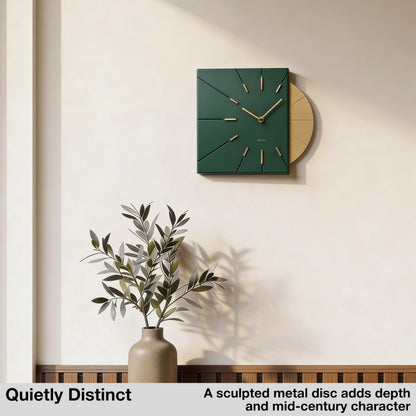 Driini Clocks Mid Century Modern Wall Clock - Square Green Clock with Decorative Gold Accent- Unique and Cool Clock, Battery Operated - MCM Decor & Decorative Wall Clock for Mid Century Modern Decor.