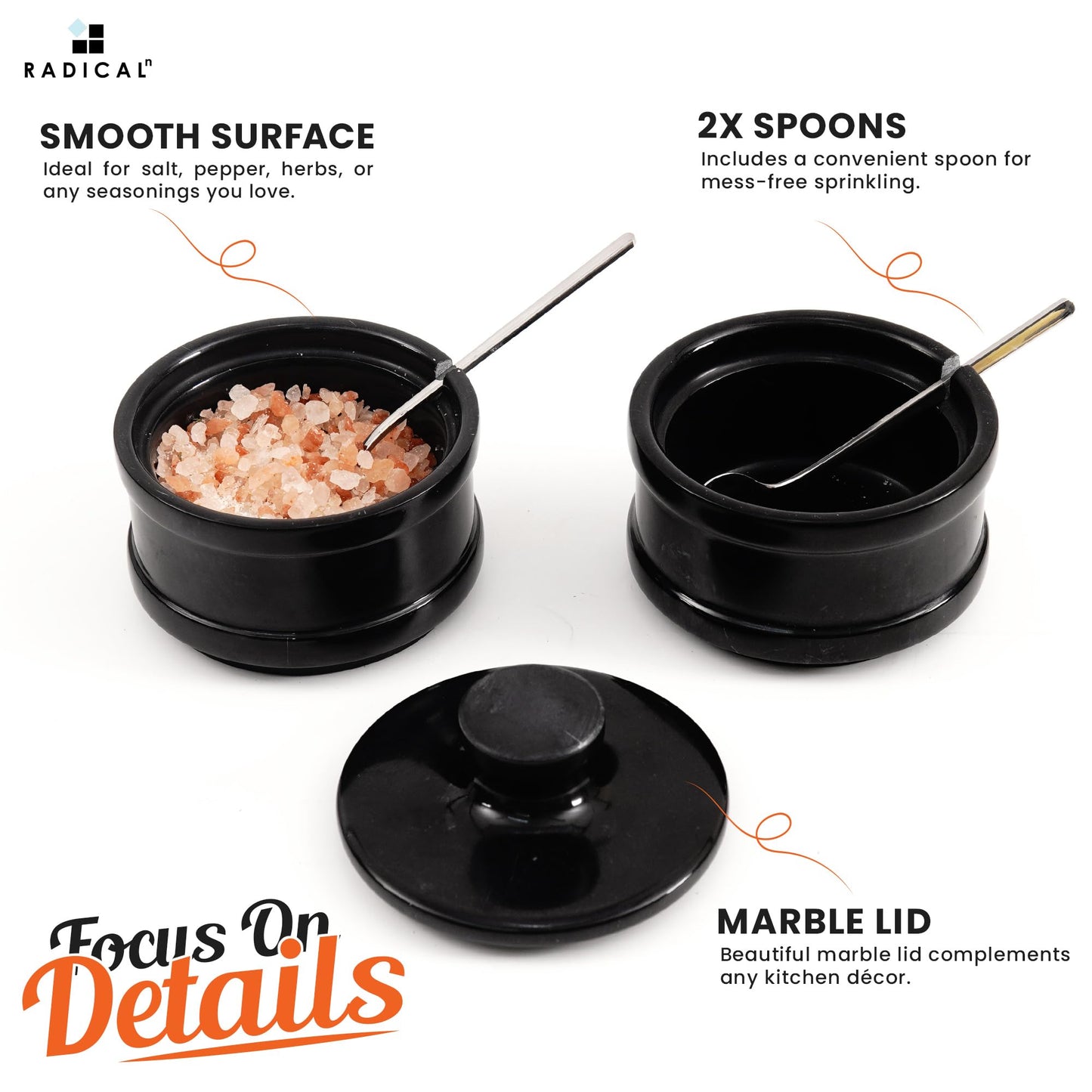 Radicaln Handmade Marble Black 5.5” Dual Salt Cellar With Lid – 2.3” Each Salt and Pepper Bowls Kitchen Container Storage Set – Ideal for Jewelry, Butter Keeper, Sugar & kitchen Décor