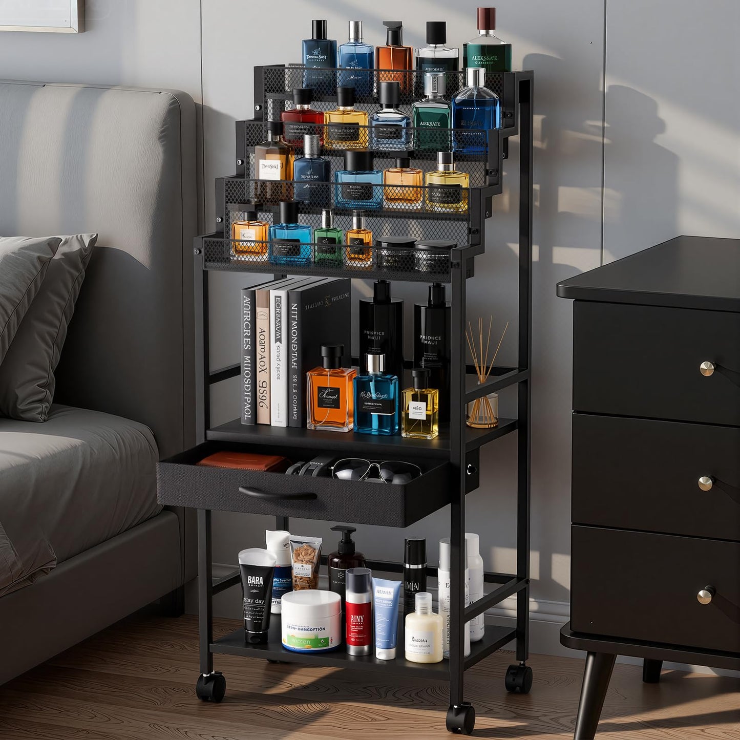 4-Tier Men's Cologne & Accessory Organizer with Drawer & Wheels, Sleek Industrial Wooden & Metal Perfume Display Rack for Cologne Bottles, Aftershave & Grooming Essentials, Multi-Functional Fragrance Storage Stand, Black
