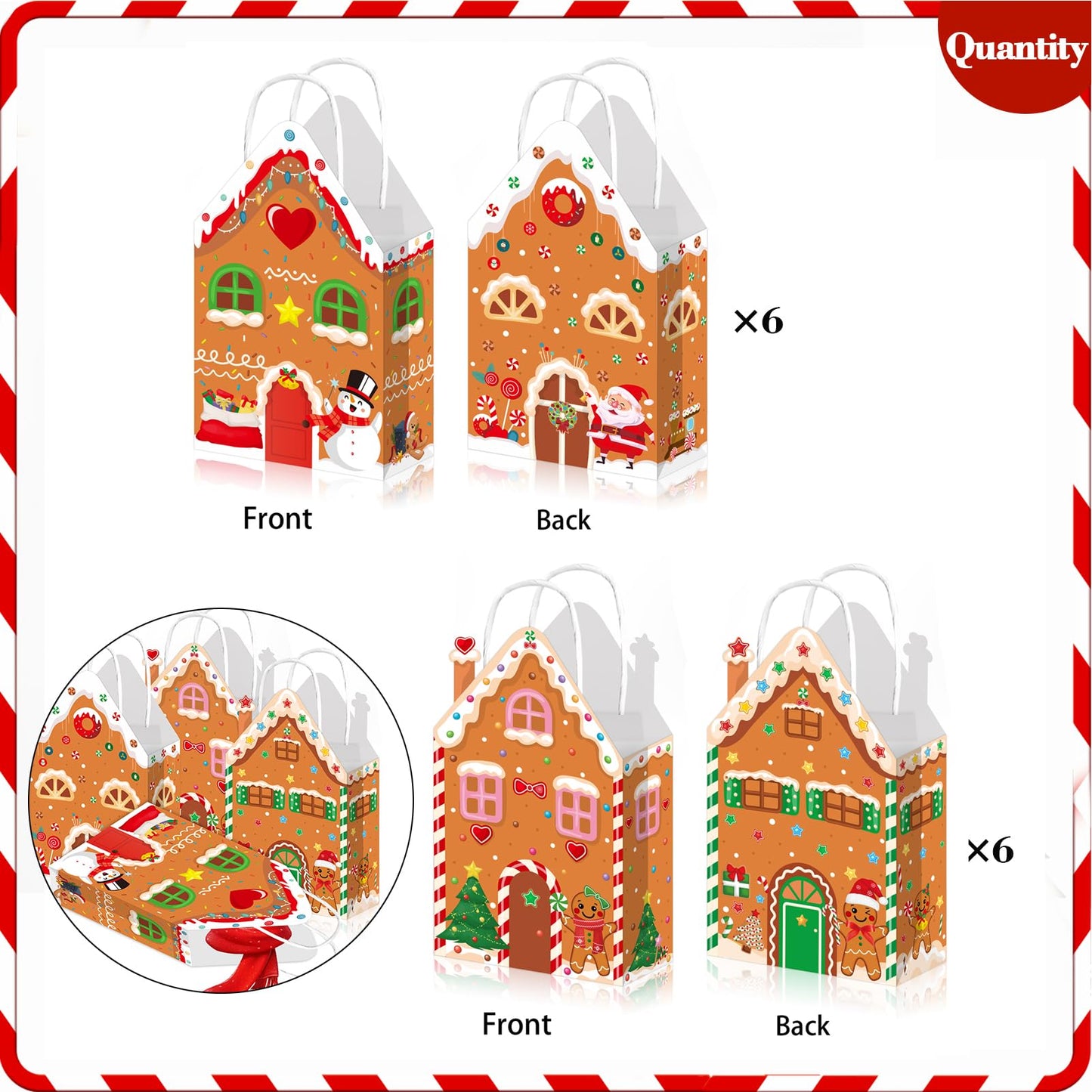 Qpout 12Pcs Christmas Party Favors Bags, Gingerbread House Shaped Gift Bags with Handles Paper Snack Goodie Candy Treat Bags for Winter Xmas Holiday Gift Wrapping Baby Shower