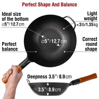 YOSUKATA Carbon Steel 11.8" Stir Fry Wok Pan - Pre-Seasoned Chinese Wok with Flat Bottom + 17" Wok Spatula and Ladle Skimmer Spoon + Reusable Natural Wooden Long Cooking Chopsticks Set of 3 pairs
