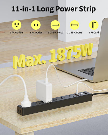 2 Pack Power Strip Surge Protector - 7 Outlets 4 USB Ports (2 USB C), 6 Ft Ultra Thin Flat Plug Extension Cord, 1875W/15A, 1700 Joules, Wall Mount for Home Office Dorm, White