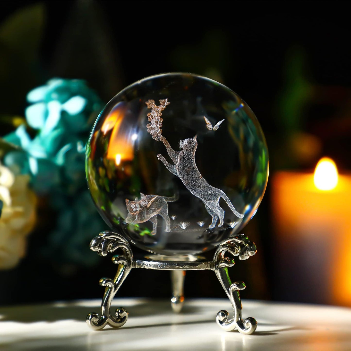 ZEERSHEE 60mm 3D Laser Engraved Crystal Ball and Multicolor LED Light Base