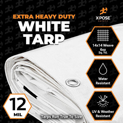 Heavy Duty White Poly Tarp 7' X 40' (2-Pack) - Multipurpose Protective Cover - Durable, Waterproof, Weather Proof, Rip and Tear Resistant - Extra Thick 12 Mil Polyethylene - by Xpose Safety