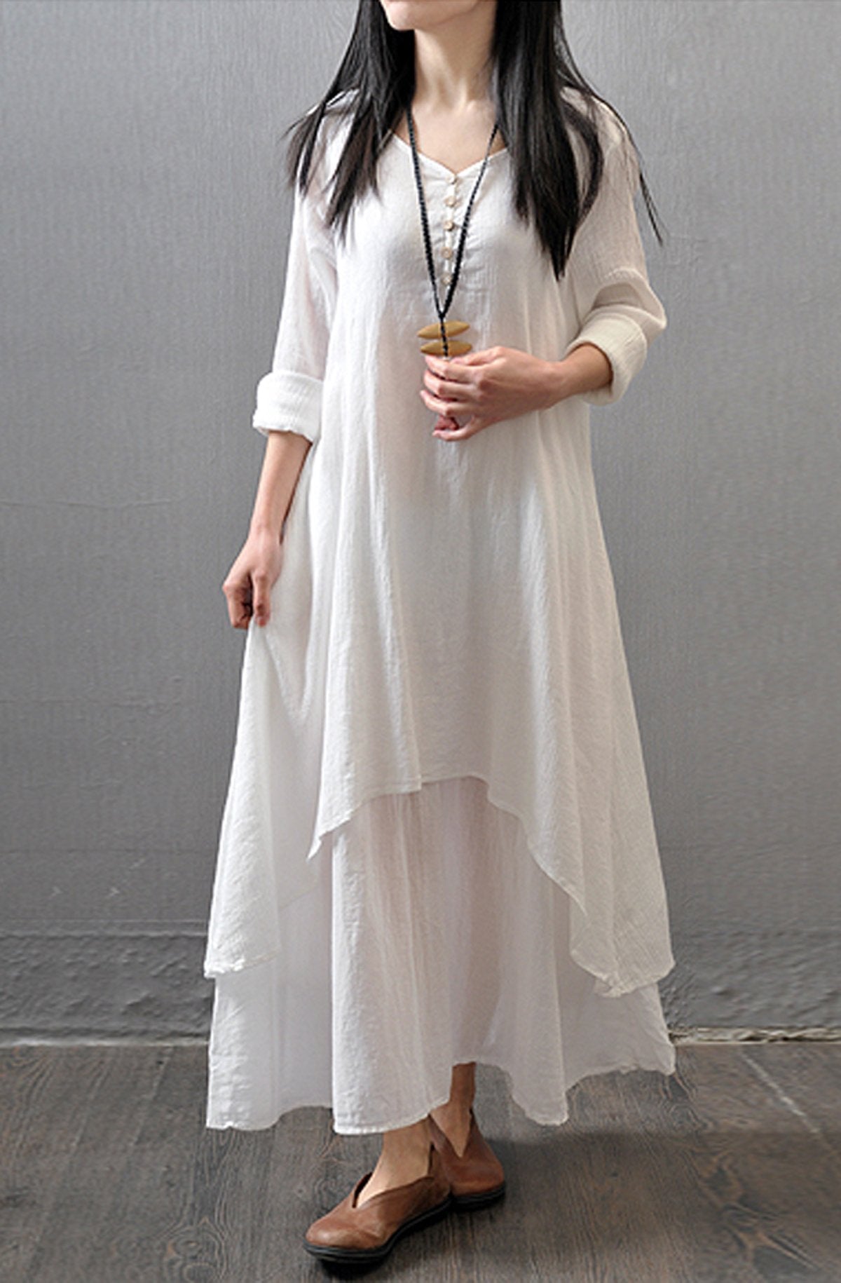 R.Vivimos Women Long Sleeve Cotton Casual Loose Plus Size Irregular Long Dresses