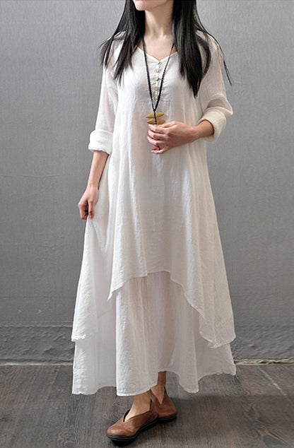 R.Vivimos Women Long Sleeve Cotton Casual Loose Plus Size Irregular Long Dresses