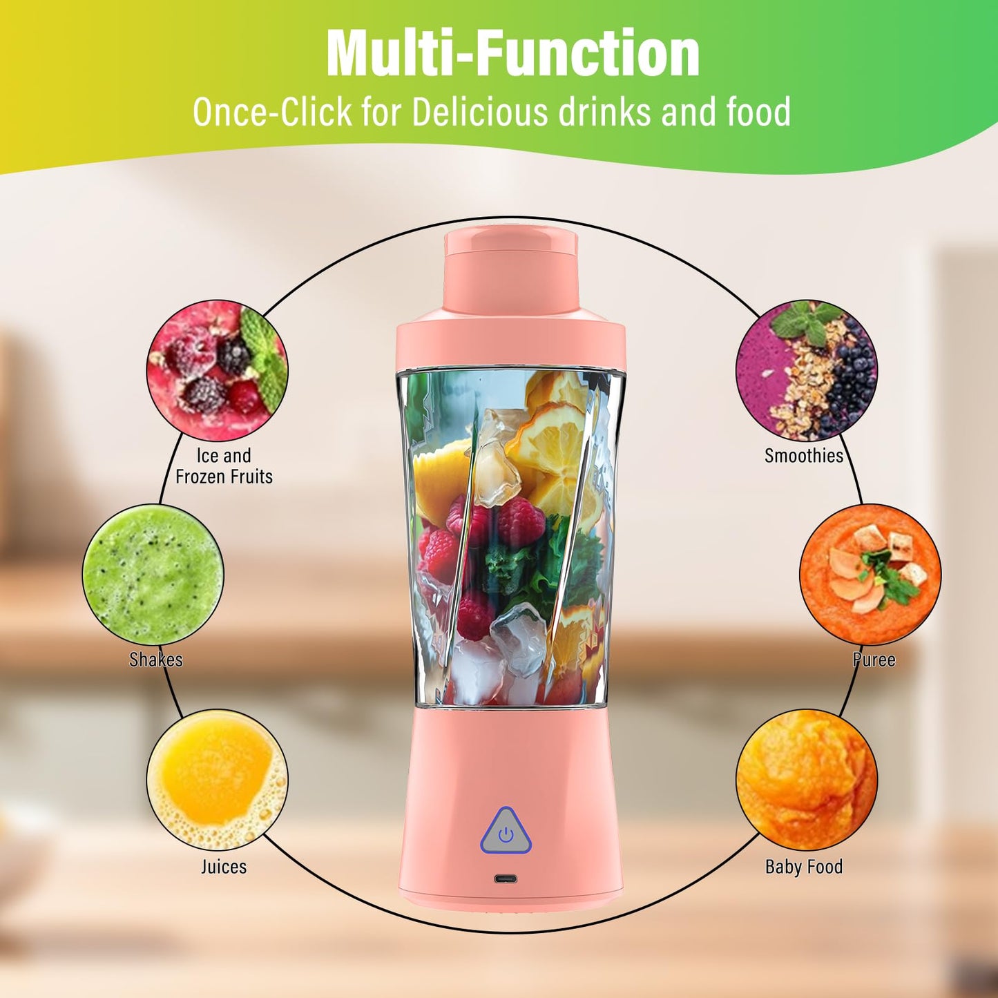 Portable Blender, 360W Personal Blender for Shakes and Smoothies for Kitchen, 24 Oz BPA Free Traveling Juicer Cup and Lid with 6 Blades, Self Cleaning Portable Juicer for Kitchen/Travel/Gym, Black