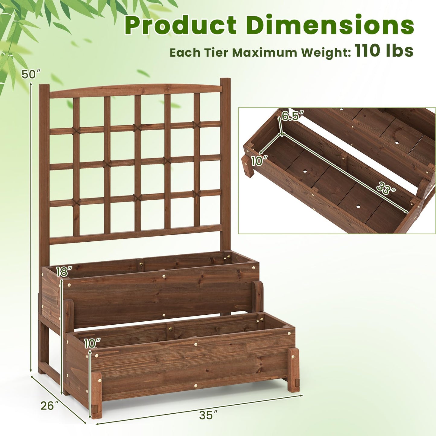 Giantex Raised Garden Bed with Legs and Trellis, 2-Tier Standing Planter Box with Drain Holes, Outdoor Elevated Garden Trellis for Vine Climbing, Flower Vegetable Fruit Herb Growing, Rustic Brown