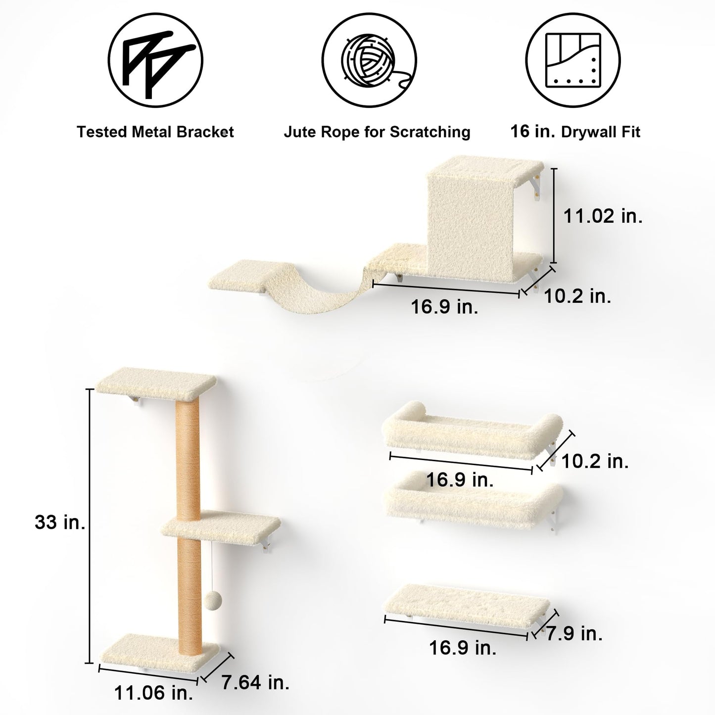 FUKUMARU Cat Wall Shelves, Stable & Safe 4 in 1 Large Cat Walls Furniture Set, Wooden Kitten Climbing Wall with Scratching Post for 16 Inch Drywall - Beige