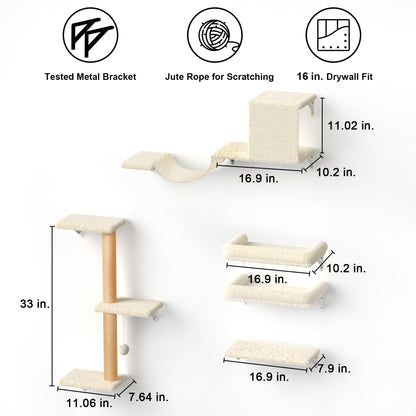 FUKUMARU Cat Wall Shelves, Stable & Safe 4 in 1 Large Cat Walls Furniture Set, Wooden Kitten Climbing Wall with Scratching Post for 16 Inch Drywall - Beige