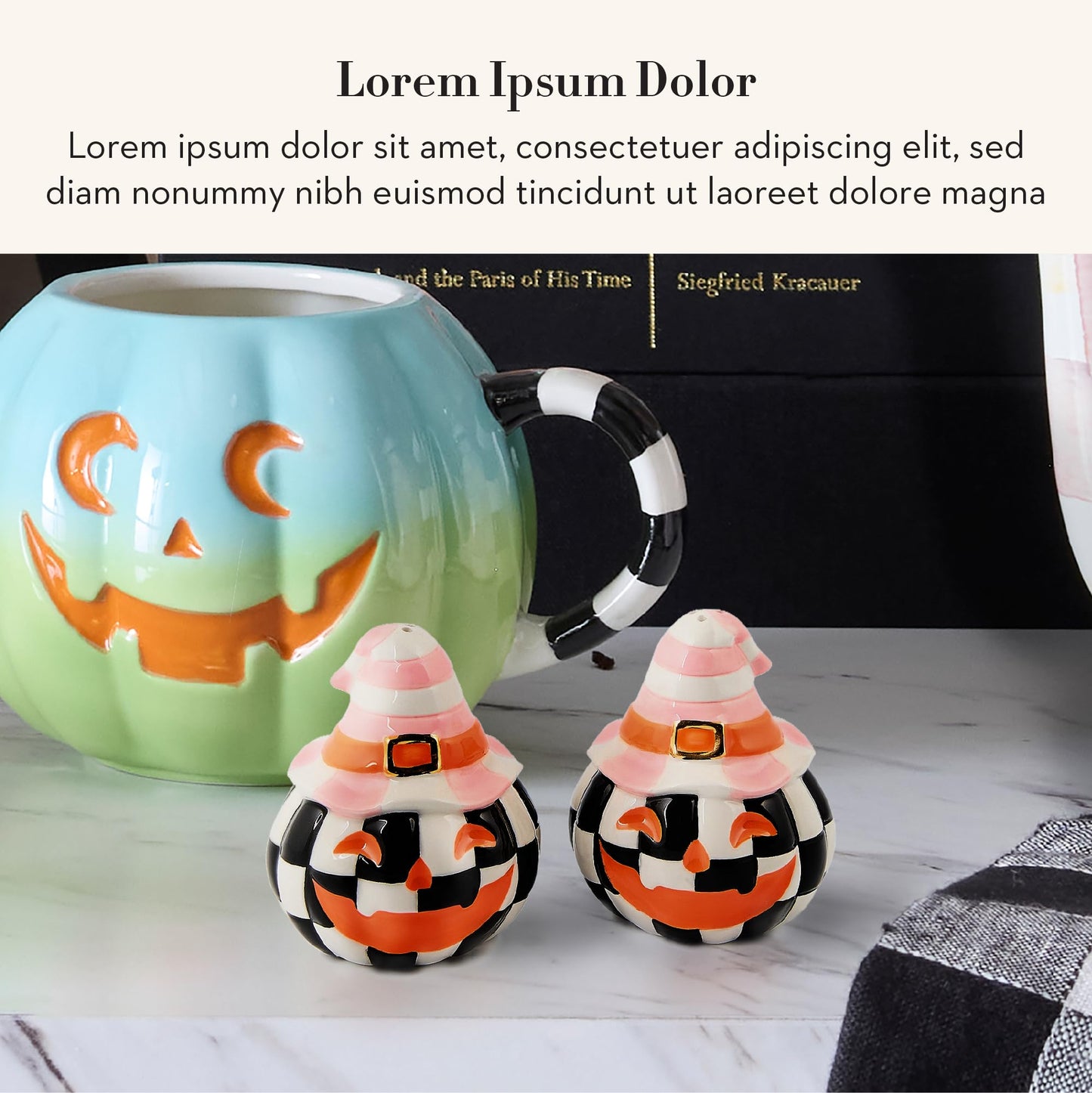 MACKENZIE-CHILDS Salt and Pepper Shaker Set, Ceramic Salt and Pepper Holders, Trick or Treat Happy Jack