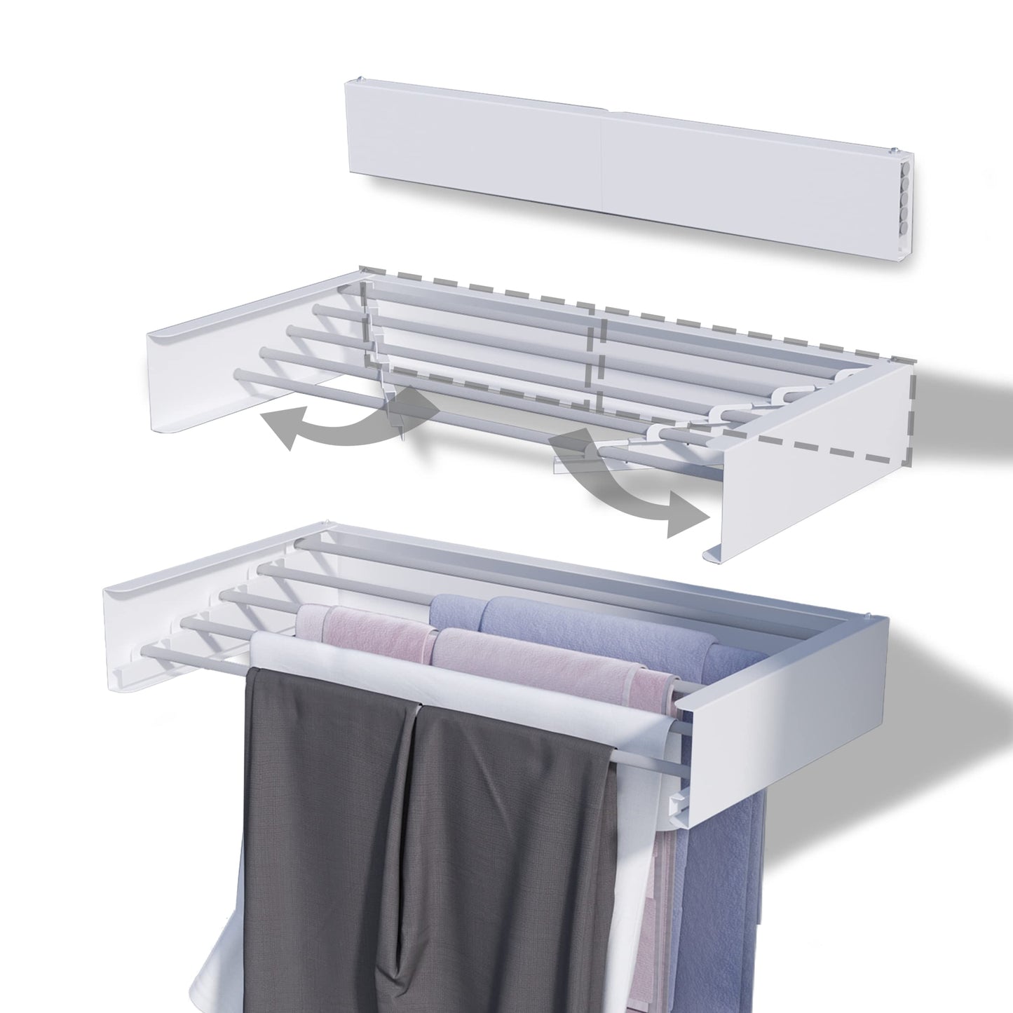 TCO ADVENTURES Invisible 27.5" Wall Mounted Drying Rack Elegant Matte Wall-Mounted Hanger | Folding Stainless Steel Collapsible Space Saver with 11.5 Feet Drying Capacity (Medium, White)