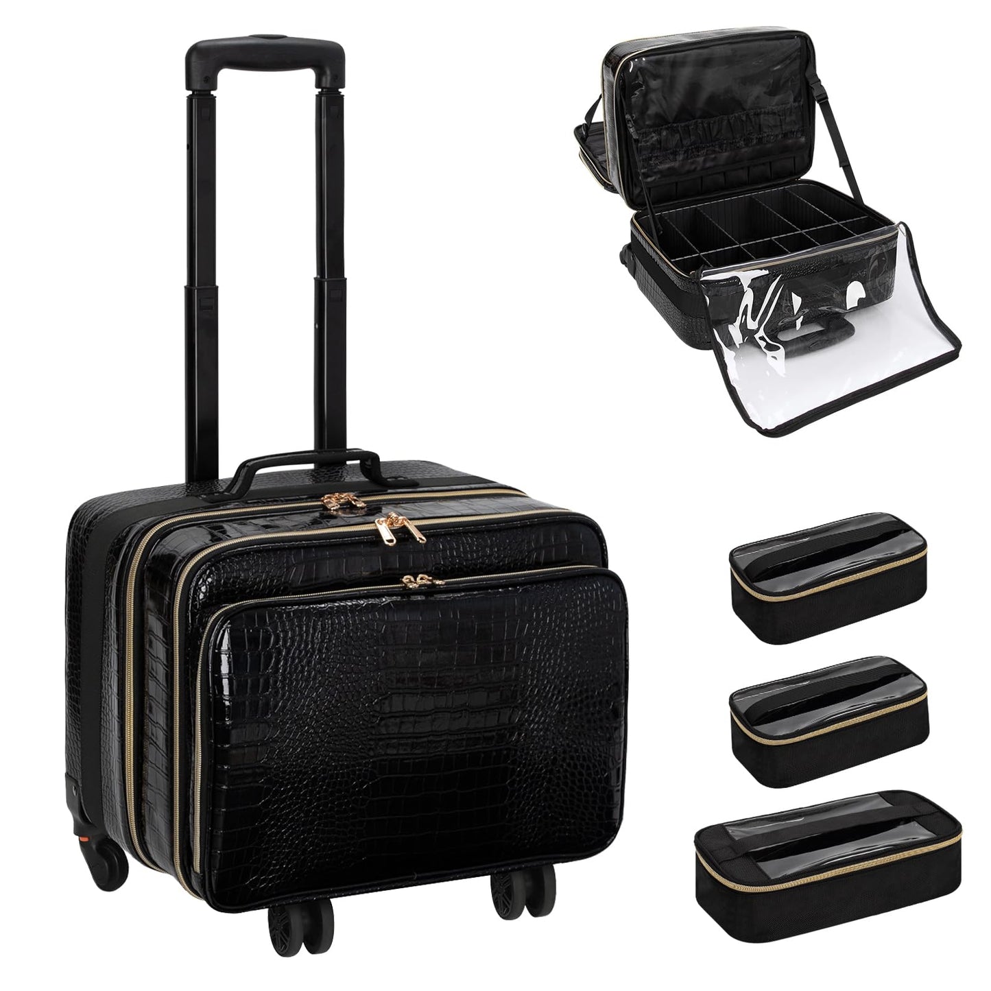 OCHEAL 18 Inch Rolling Makeup Train Case, Extra Large Travel Cosmetic Organizer Storage Trolley with Wheels, 3 Layers & 3 Travel Makeup Bags Carry On for Hairstylist Cosmetology Artist