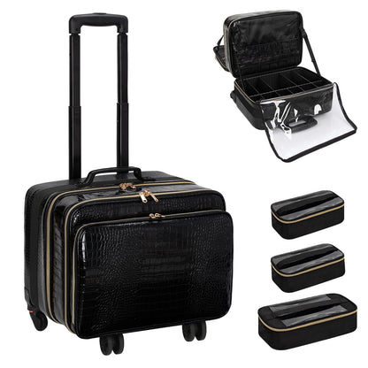 OCHEAL 18 Inch Rolling Makeup Train Case, Extra Large Travel Cosmetic Organizer Storage Trolley with Wheels, 3 Layers & 3 Travel Makeup Bags Carry On for Hairstylist Cosmetology Artist