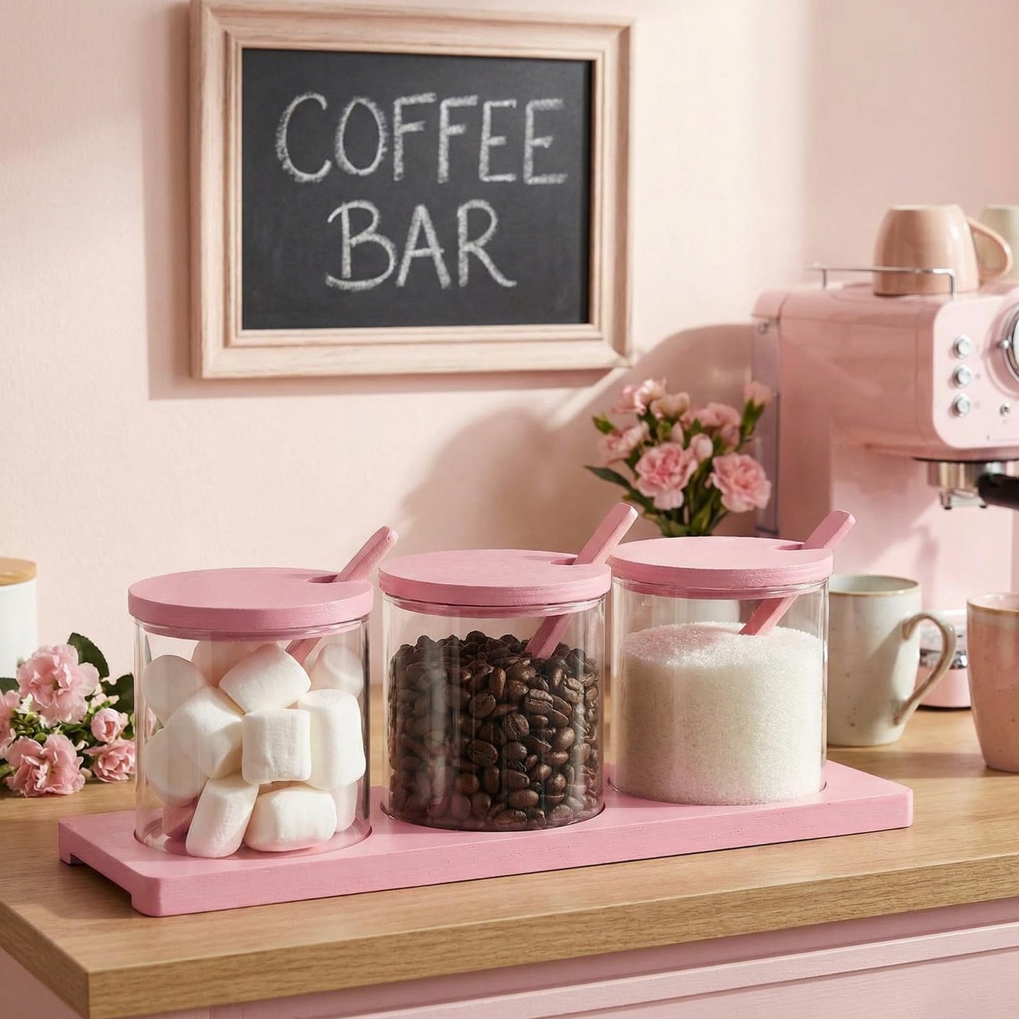 Willinglong 3 Pcs Coffee Bar Accessories Set Glass Condiment Jars with Wooden Lids Spoons, Spice Jar Set with Tray, Sugar Tea Containers for Coffee Station Organizer Kitchen Decoration(Pink)