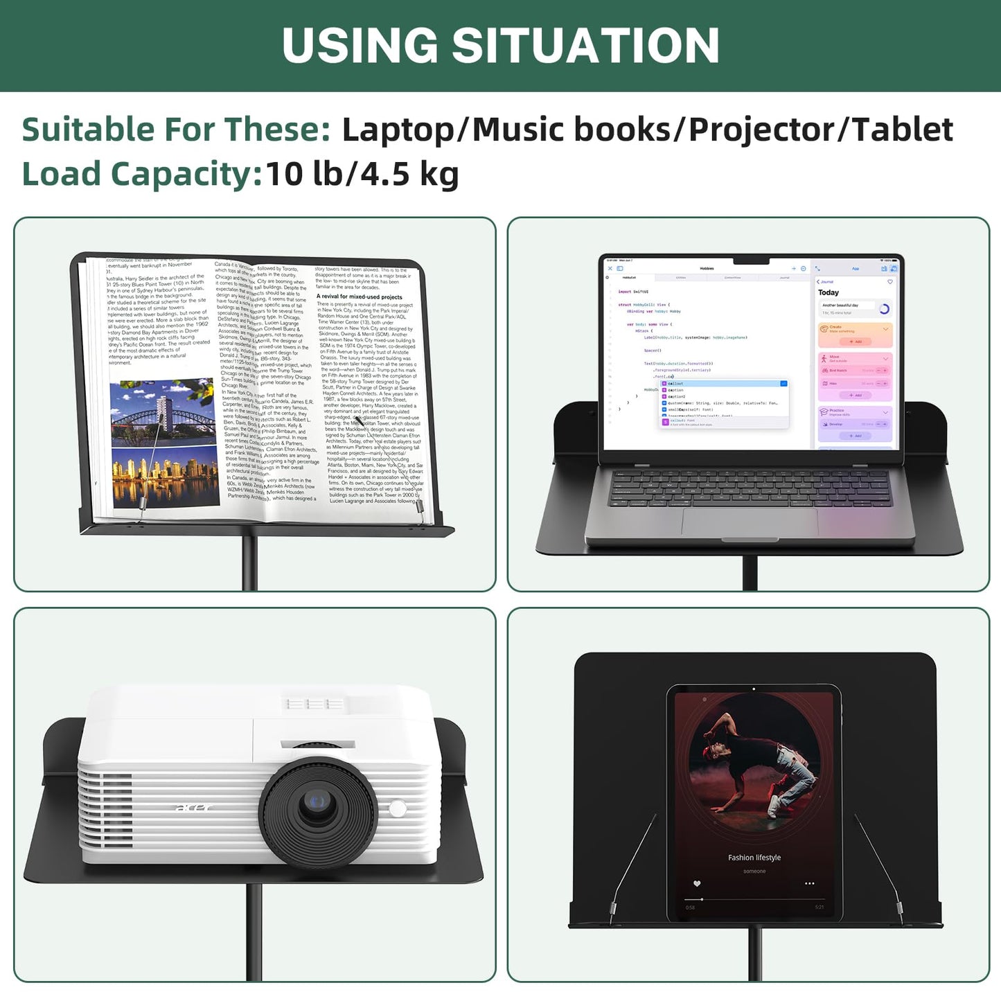 GLEAM Sheet Music Stand - Full Metal with Carrying Bag, Phone Holder, Sheet Music Folder and Clip, 5 in 1 Desktop Book Stand