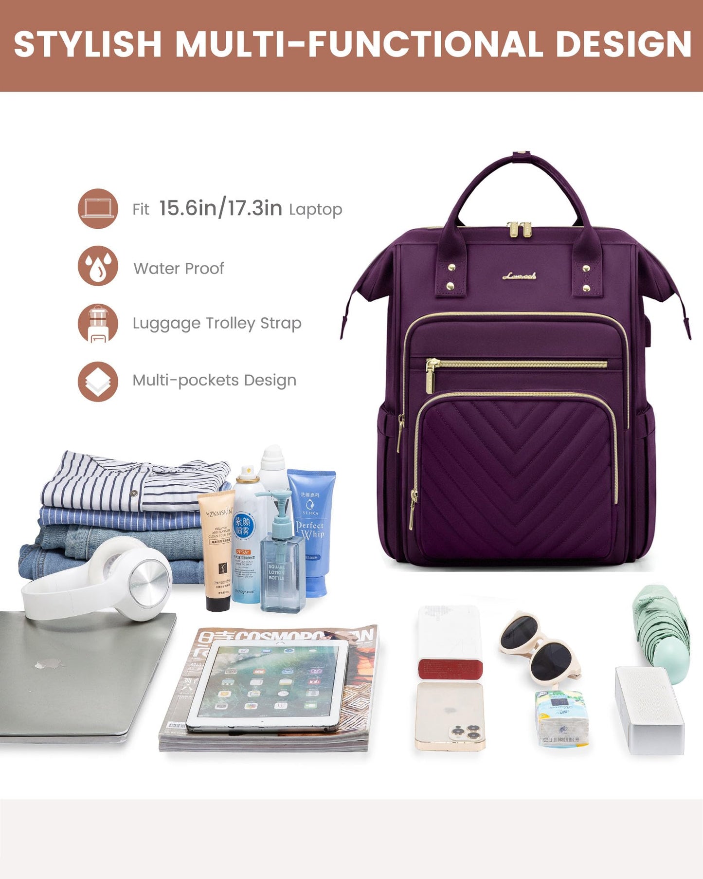 LOVEVOOK Laptop Backpack Womens, 15.6 inch Laptop Rucksack Bag for Women, Large Ladies Backpacks Waterproof School Bags with USB Port, Fashion Daypacks for Uni College Work Travel, Purple