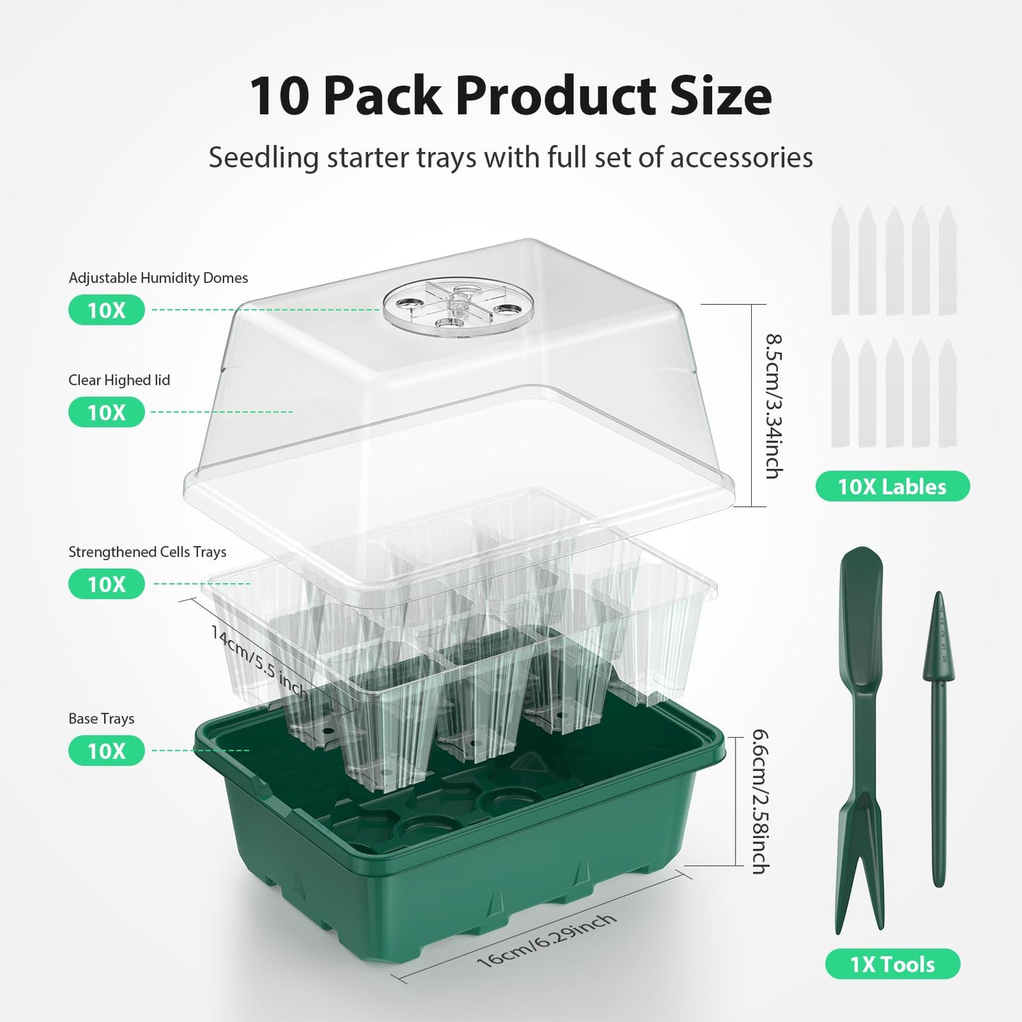 POROLIR Seed Starter Tray, 10PCS Seed Starter Kit, Seedling Starter Trays with Heightened Lids for Seed Staring, Indoor Gardening Plant Germination Trays (12 Cells per Tray) Green