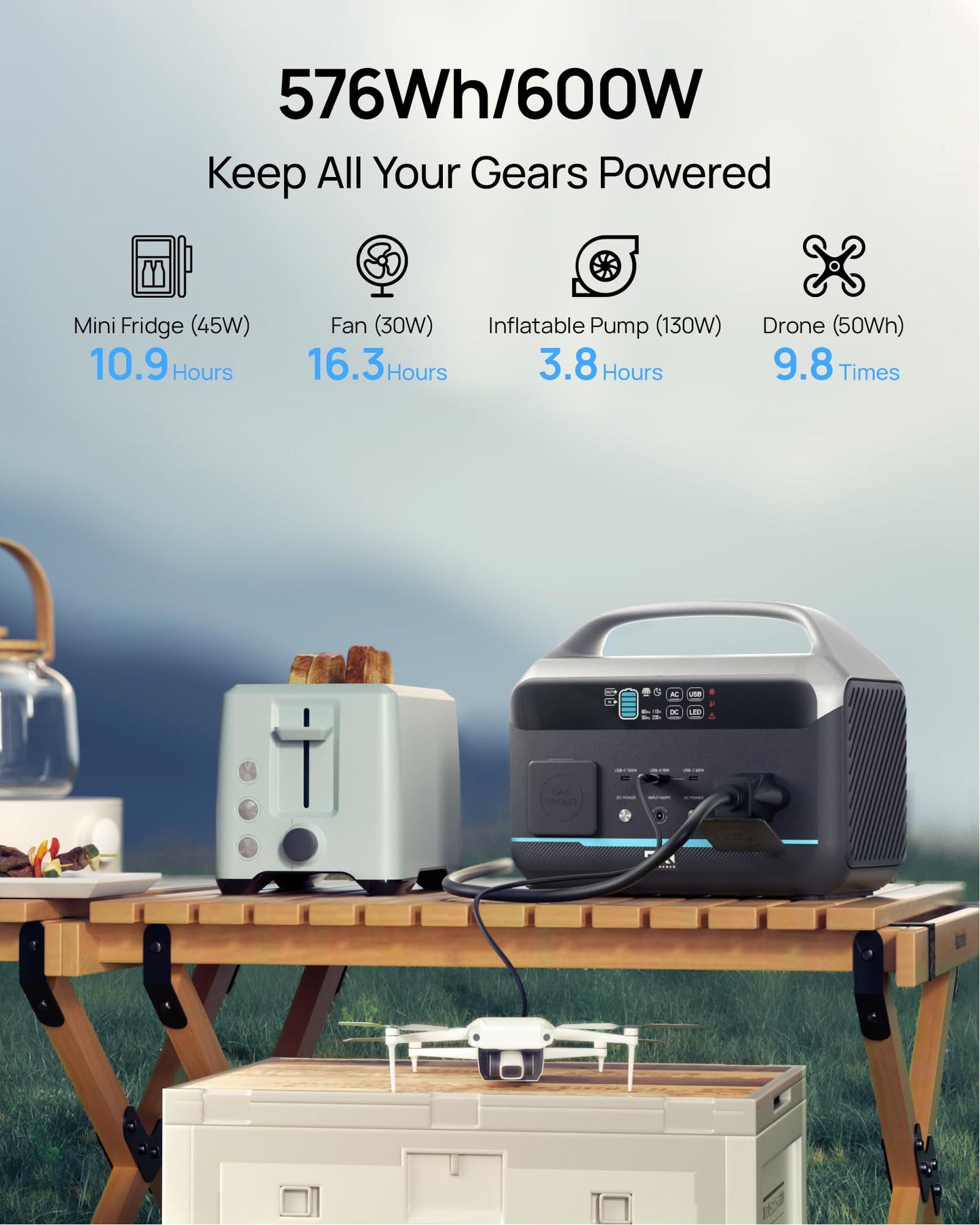 DaranEner Portable Power Station 56000mAh, 179.2Wh LiFePO4 Battery Backup w/ 2 300W (Peak 600W) AC Outlets, 1.5hrs Fast Charging, Power Bank for Hurricane Emergency/Outdoor Camping/RVs/Home Use