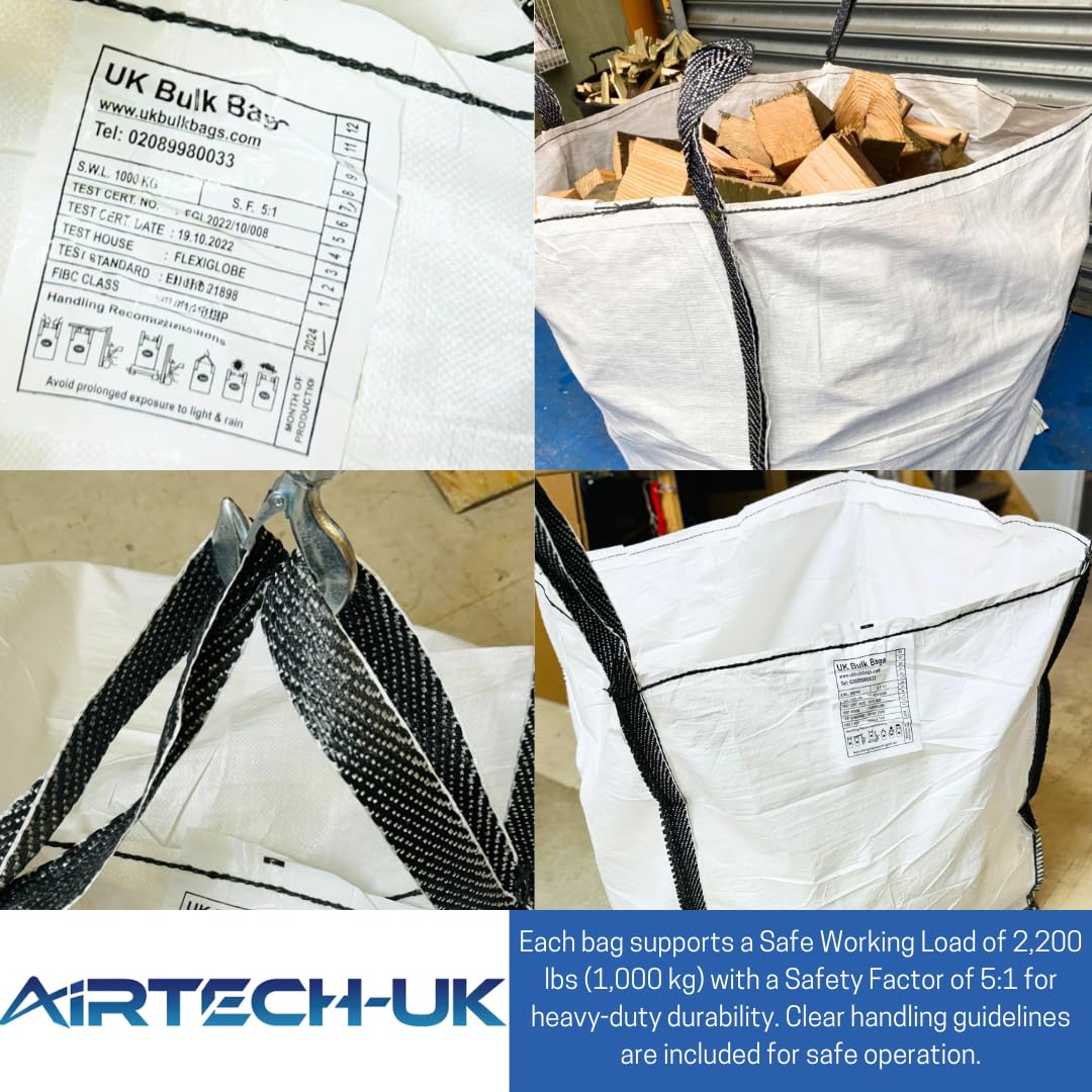 Airtech-UK New FIBC Bulk Bag Builders Garden Waste Heavy Duty Industrial polypropylene Material 1 Tonne TON Jumbo Bags Storage Sack Various Quantity (2)