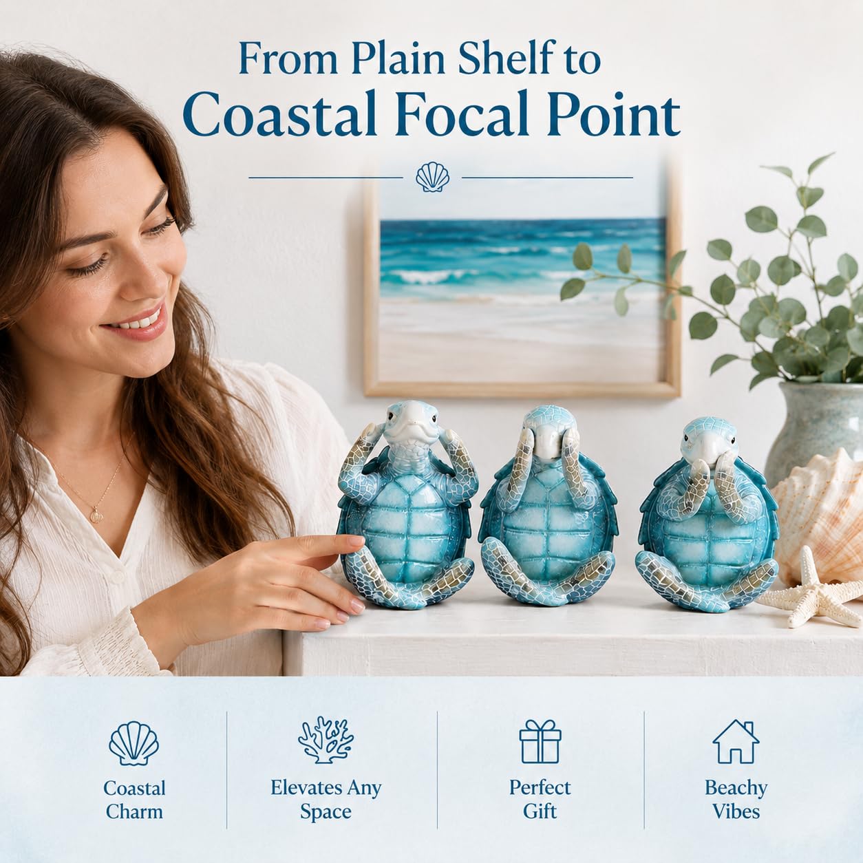 Wise Sea Turtle Sculpture Decor Set of 3,Hear See Speak No Evil Figurines,Summer & Coastal Bathroom Shelf Accents,Blue Ocean Statues for Beach House,Tiered Tray Mantel Decor,Sea Turtle Gifts for Women
