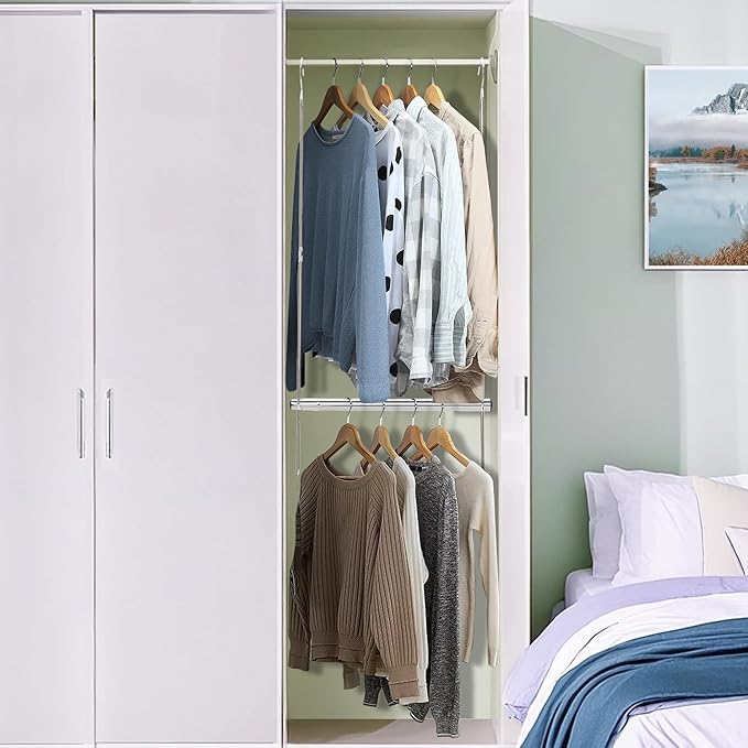 STORAGE MANIAC Hanging Closet Rod, Adjustable Width and Height Closet Hanging