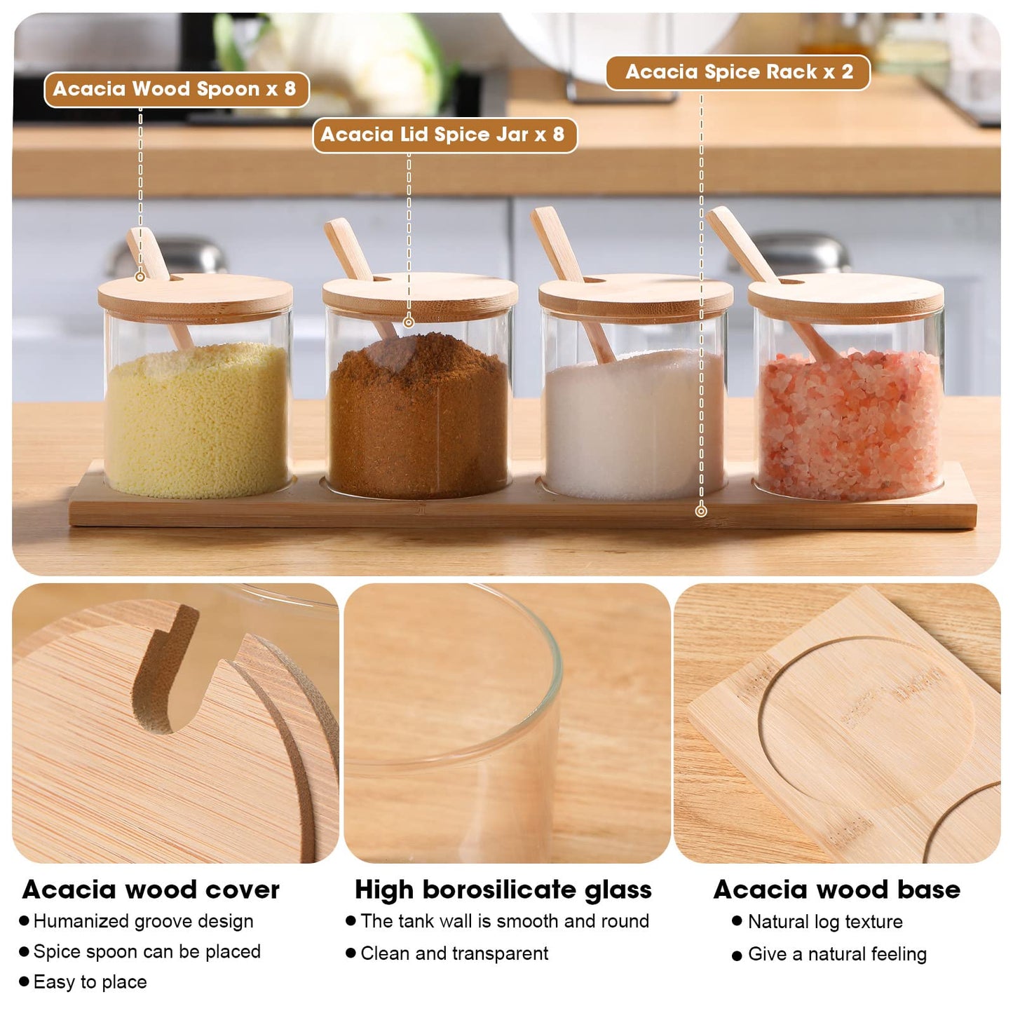 Zubebe 8 Pcs 10 oz Clear Glass Seasoning Jar with Wooden Lid and Spoon Adorable Sugar Condiment Jar Canisters Pot Set Bath Salt Sugar Storage Container Box for Home Cafe Kitchen