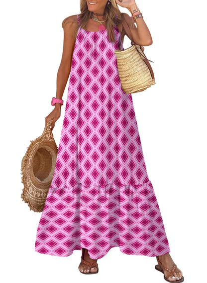 Dokotoo Women Summer Dresses 2025 Spaghetti Strap Scoop Neck Smocked Ruffle Flowy Boho Maxi Dress