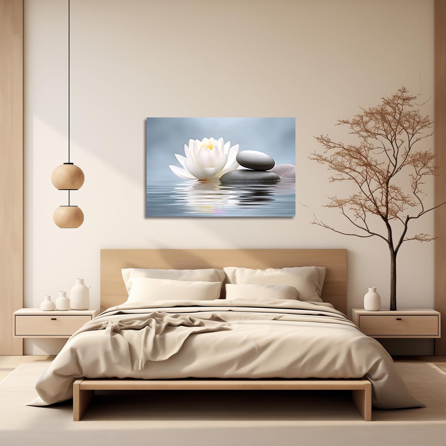 LZIMU Zen Wall Art Lotus Flowers Stones on Water Pictures Water Lily Canvas Prints Bathroom Decor Spa Artwork for Yoga Studio Meditation Spiritual Room Framed (Zen-1, 16.00"x24.00")