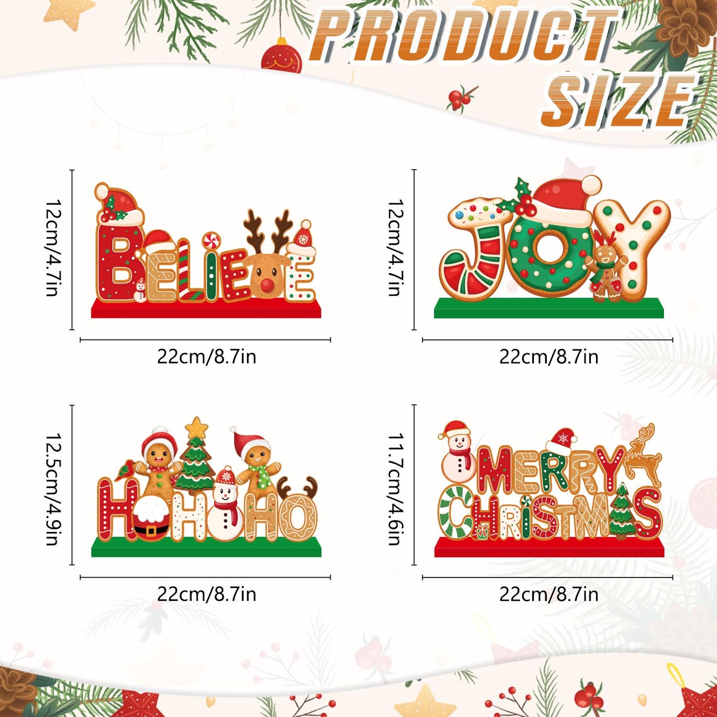 4pcs Gingerbread Christmas Decorations Wooden Table Centerpieces Gingerbread Merry Christmas Table Decorations for Winter Holiday Xmas Home Tabletop Decor