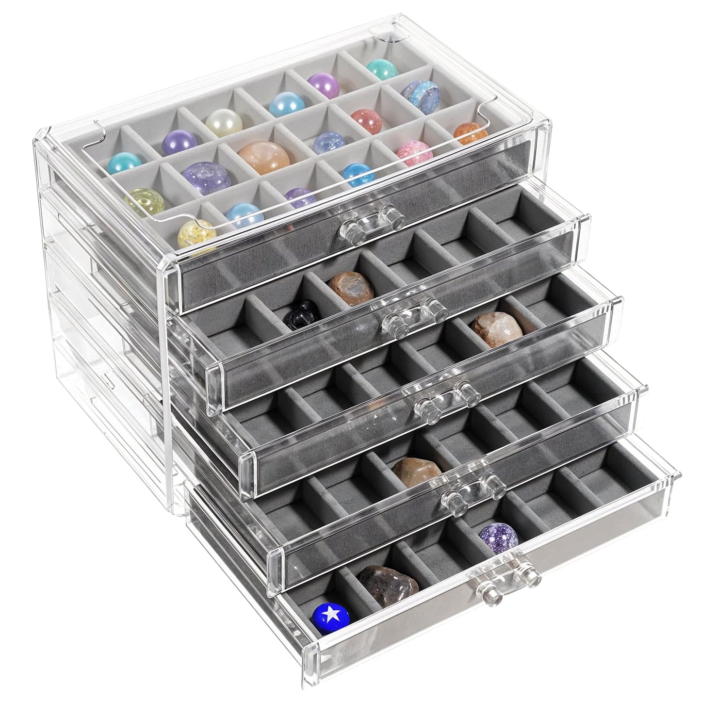 Rock Display Case for Kids, 90 Grid Rock Collection Box Rock Display Organizer Storage Compartments Acrylic Clear Display Case with 5 Drawers for Gemstone Fossil Crystal Stone Collectibles