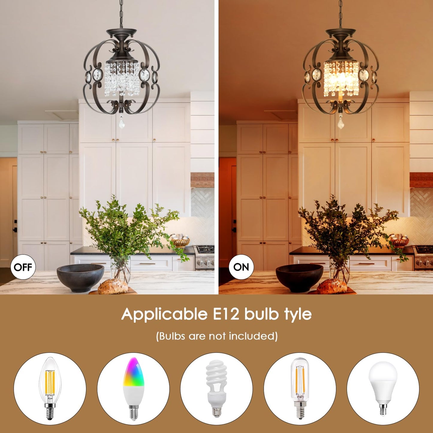 Leyodnpe Bronze Crystal Chandeliers for Dining Room, 3-Light 14 Inch Flush Mount Ceiling Light Fixture,Vintage Hanging Pendant Lighting for Kitchen Island,Living Rooms, Foyer