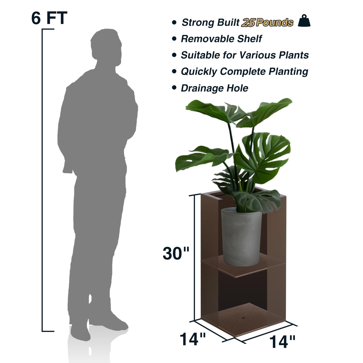 Wallowa Large Planter for Outdoor Plant 14Lx14Wx30H Inches Metallic Heavy Tall Planter Box for Outdoor & Indoor, Rectangular Flowerpot 25Lbs/PC, Espresso, No Assembly and Seamless, Set of 2