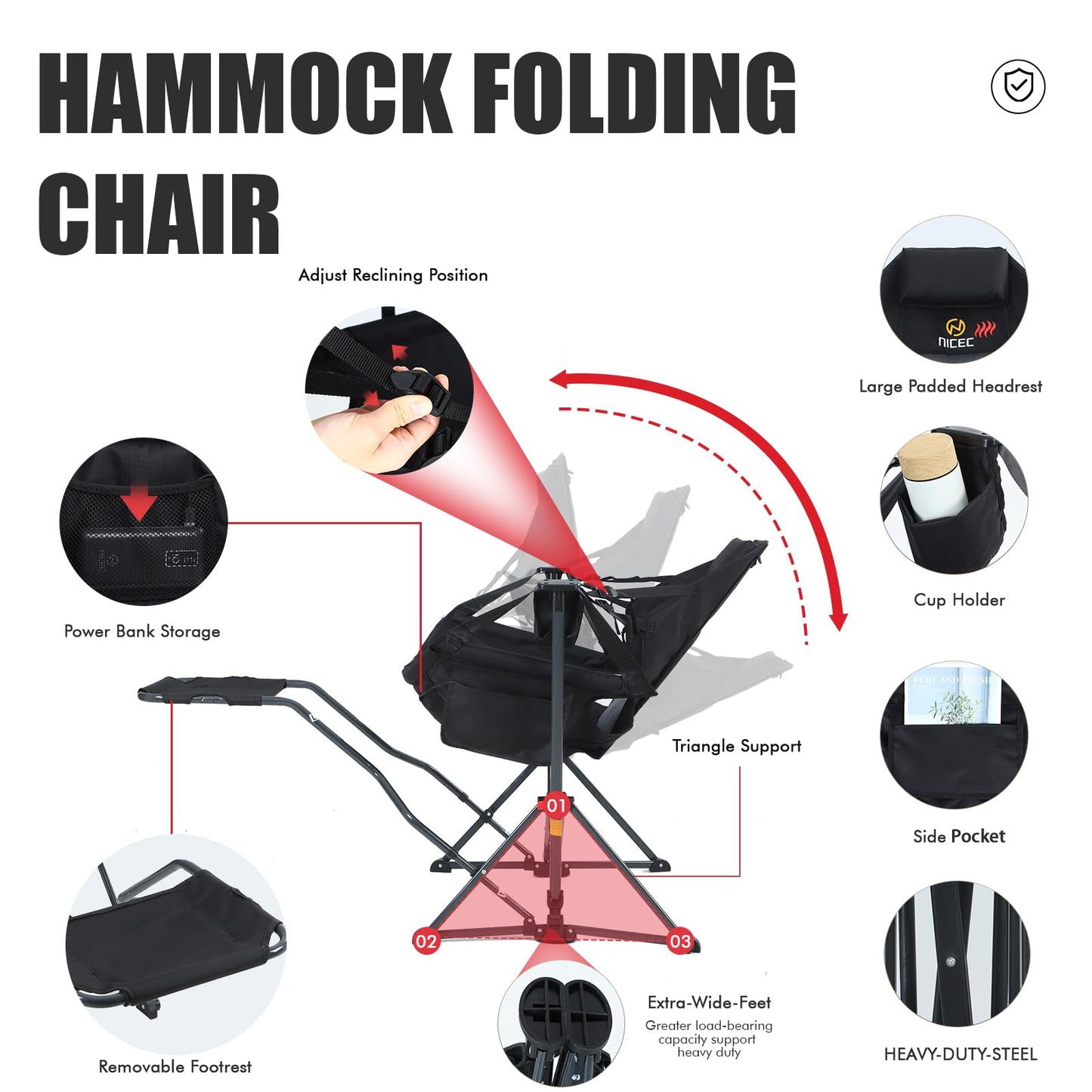 Nice C Heated Hammock Camping Chair with Footrest, Heated Camping Chair with Battery, Rocking Swing Chairs, Hammock Chairs with Stand, Heavy Duty (1, Heat Black W/Footrest)