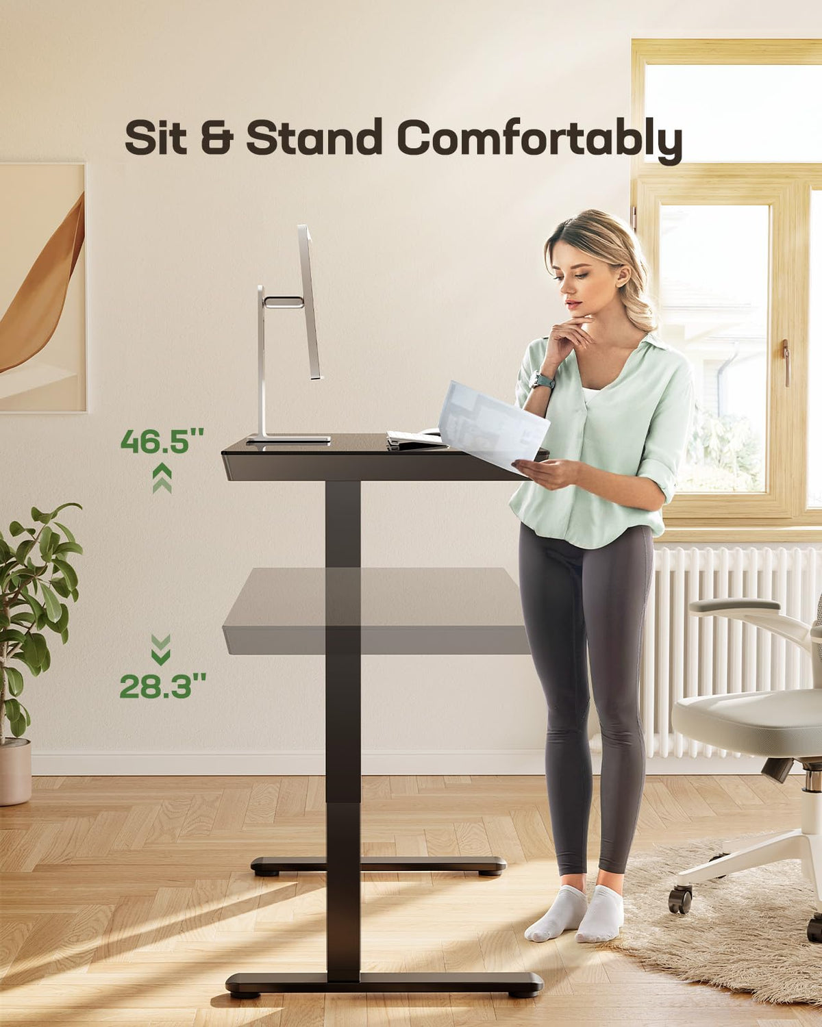 Marsail Glass Standing Desk with Drawer,55 x 28 inch Electric Standing Desk, Sit Stand Desk with One-Piece Tabletop & USB Charging Ports, Height Adjustable Desk with Storage for Home & Office Black