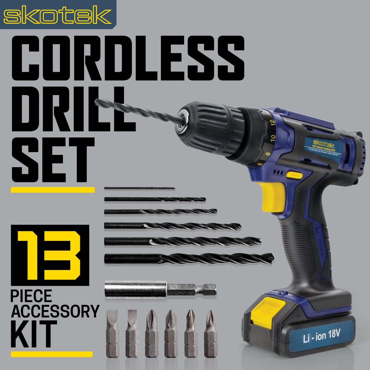 Skotek Cordless Drill Driver 18V Lithium-Ion, 13Pc Electric Screwdriver Set, LED Work Light, Electric Drill Quick Change Power Drill Battery and Charger Included