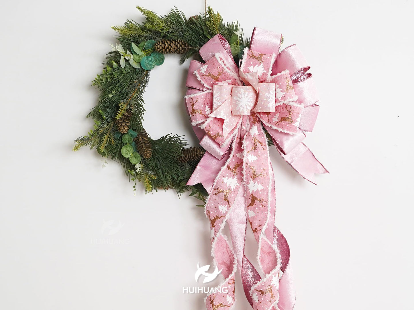 HUIHUANG Pink Christmas Tree Topper Bow 13 inch x 45 inch Large Christmas Bows Pink and White Snowflake Velvet Bows for Christmas Tree Ornament, Wreaths, Staircase, Mantel, Home Decor