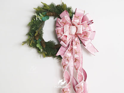 HUIHUANG Pink Christmas Tree Topper Bow 13 inch x 45 inch Large Christmas Bows Pink and White Snowflake Velvet Bows for Christmas Tree Ornament, Wreaths, Staircase, Mantel, Home Decor