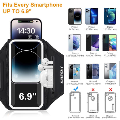 Running Armband with Earphone Bag Cell Phone Armband for iPhone 17 16 15 Pro 14 Plus 13 11 XR, Galaxy S24/S10 Water Resistant Sports Phone Holder Case & Zipper Slot Car Key Holder for 6.9 inch Phone