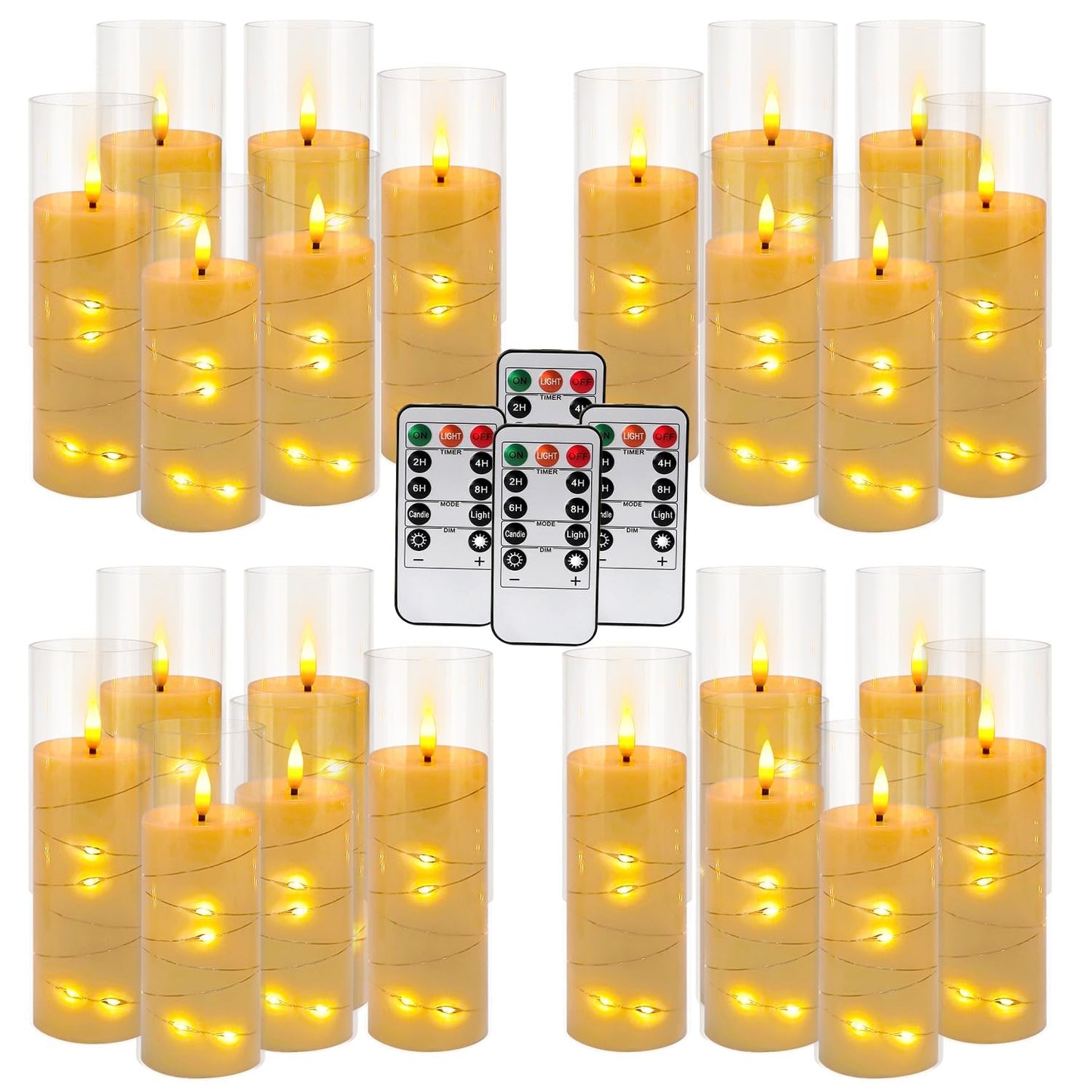 CAKETYCG 24 Pcs LED Flameless Candles with Remote, 3D Flickering Flame & LED String Lights, Acrylic Clear Cylinder, Timer Function, Romantic Ambience for Home Decor, Party, Wedding (Ivory).