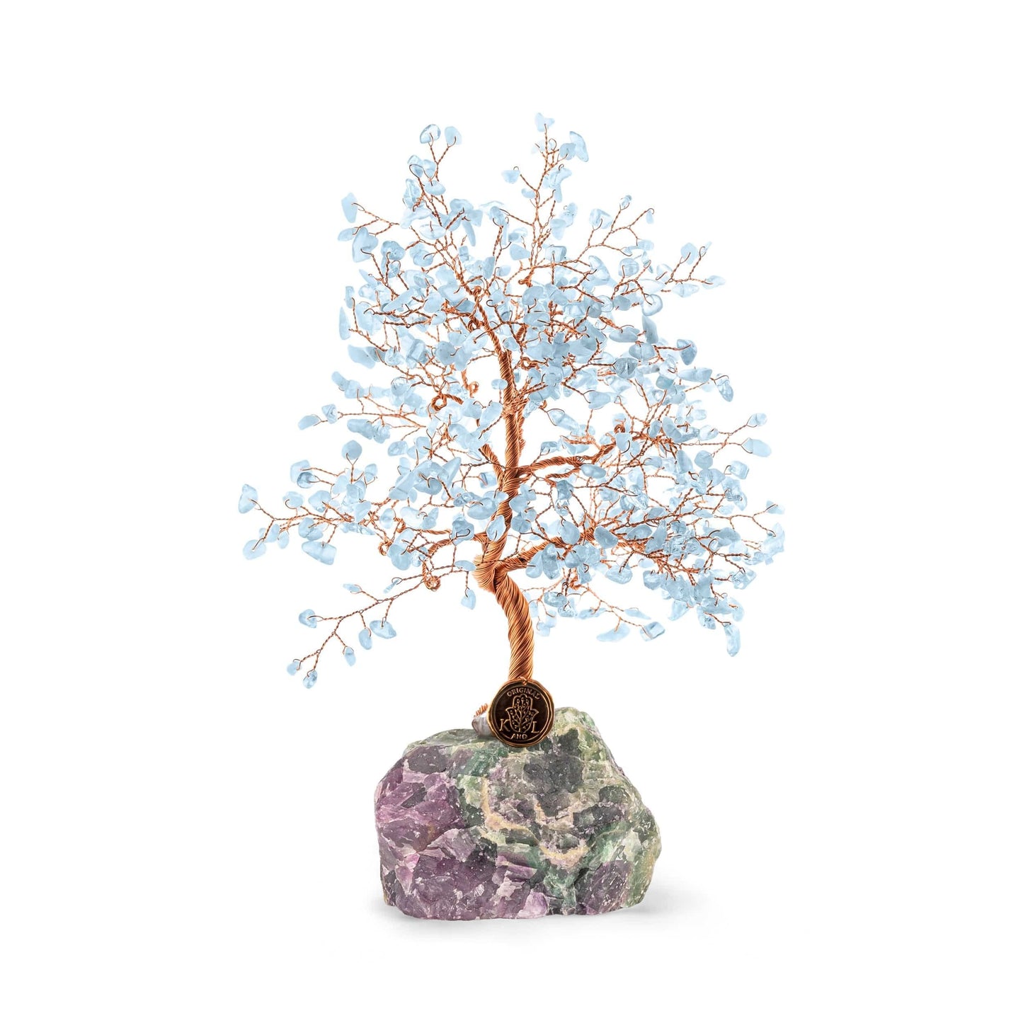 KARMA AND LUCK, Feng Shui Tree of Life Home Decor with Real Aquamarine Stone Wrapped with Copper Wire on Fluorite Quartz Base, Made in Bali, Medium 8 (Aquamarine)